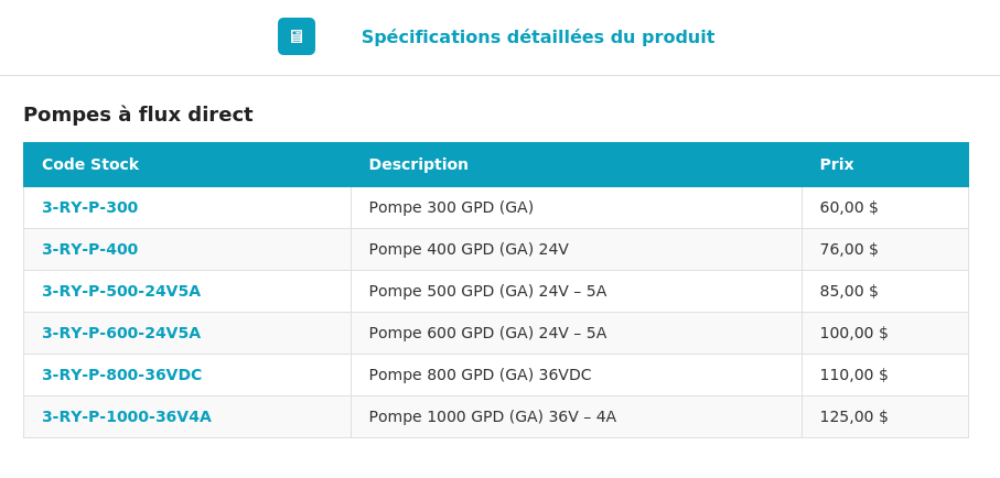 Spécifications Pompe RO 300 GPD