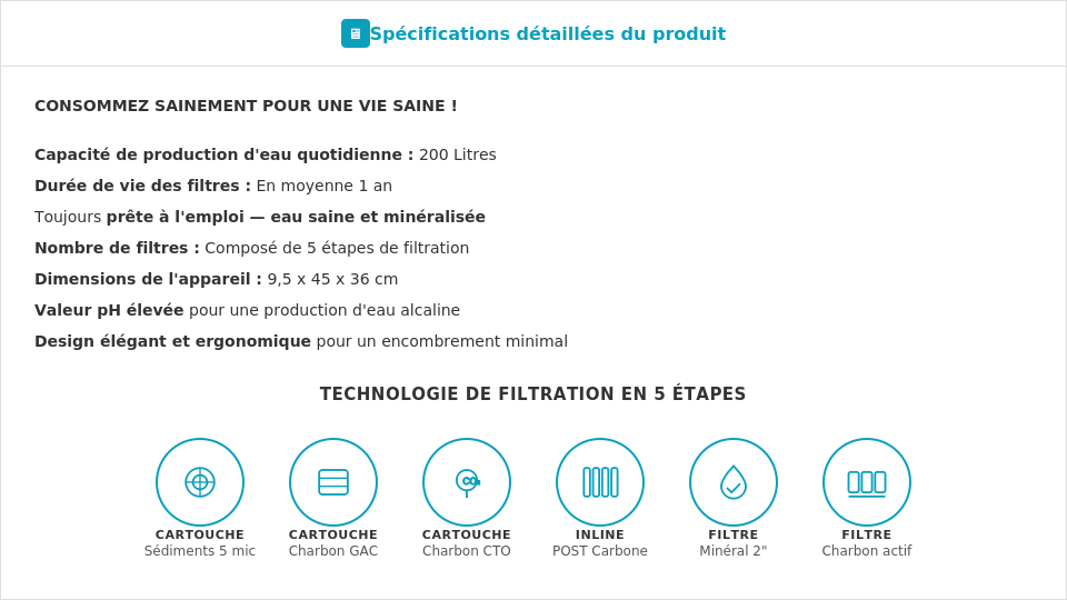 Spécifications Elagance – purificateur d’eau