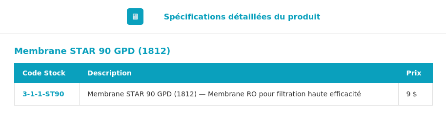 Spécifications Membrane STAR 90 GPD