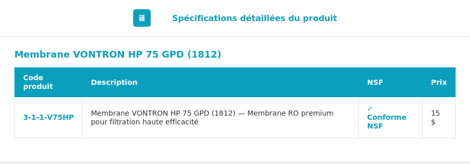 Spécifications Membrane VONTRON HP 75 GPD