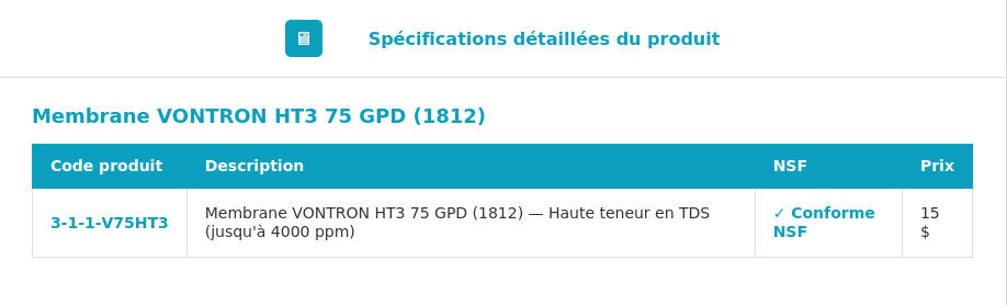 Spécifications Membrane VONTRON HT3 75 GPD