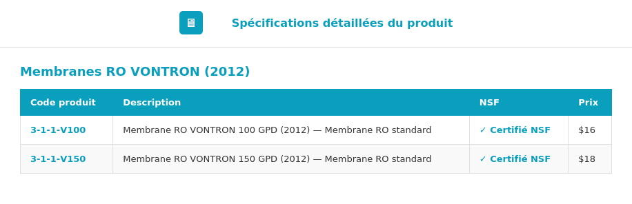Spécifications Membrane VONTRON 100 GPD