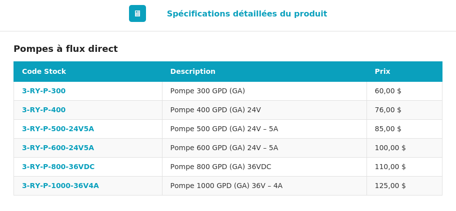 Spécifications Pompe RO 500 GPD